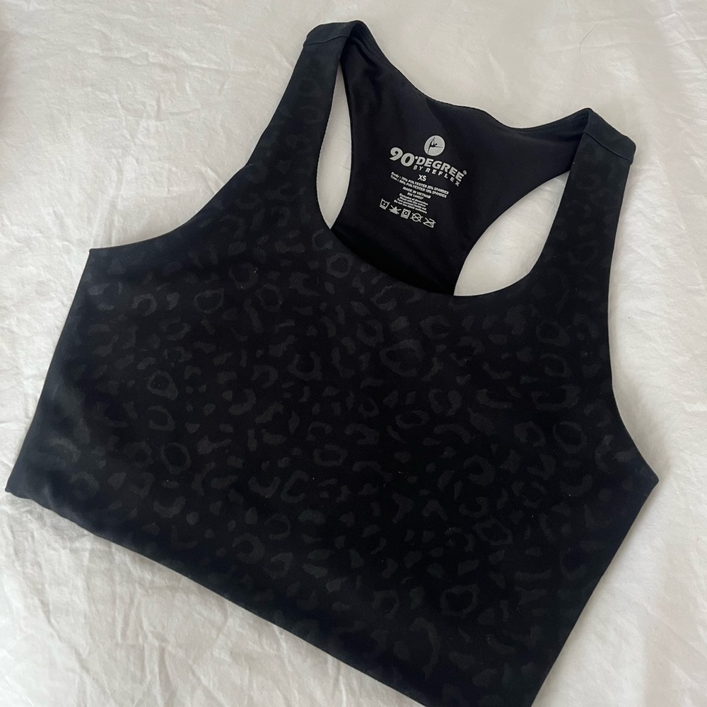 90 Degree by Reflex Wonerlink Black Leopard Print Racerback Sports Bra - Picture 2 of 13